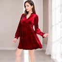 Red Large Women's Velvet Dress with V-Neck and Long Sleeves