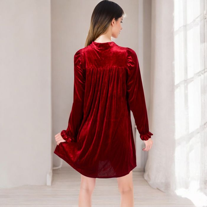 Women's Velvet Dress with V-Neck and Long Sleeves