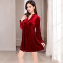 Red Large Women's Velvet Dress with V-Neck and Long Sleeves