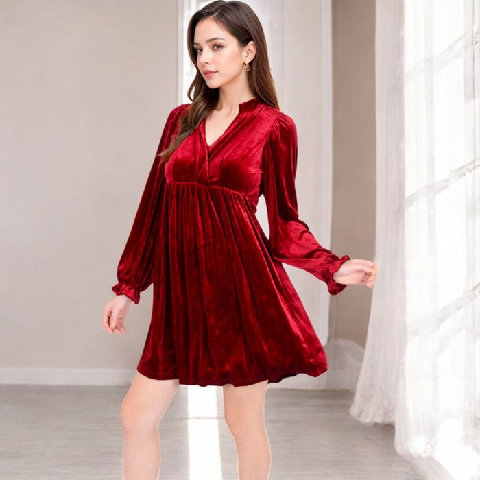 Women's Velvet Dress with V-Neck and Long Sleeves