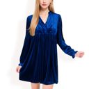 Blue Large Women's Velvet Dress with V-Neck and Long Sleeves