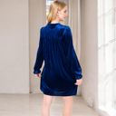 Blue Large Women's Velvet Dress with V-Neck and Long Sleeves