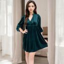 Green Large Women's Velvet Dress with V-Neck and Long Sleeves