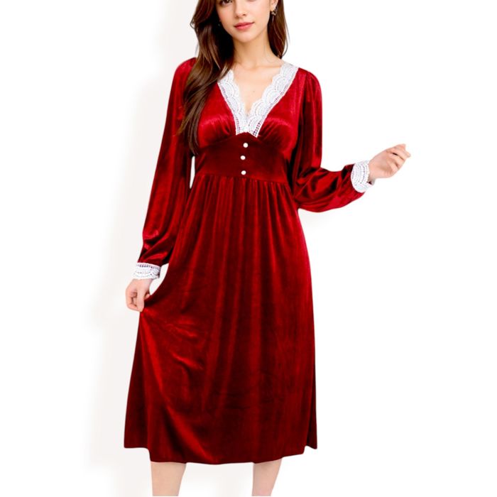 Women's Velvet Dress with Lace Trim and Button Detail