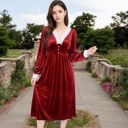 Red Large Women's Velvet Dress with Lace Trim and Button Detail