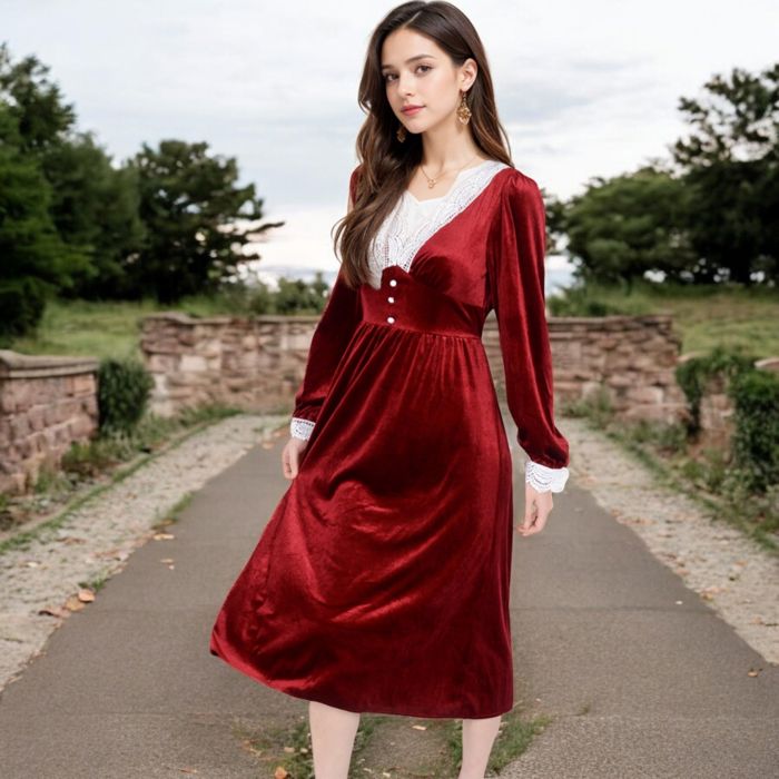 Women's Velvet Dress with Lace Trim and Button Detail