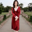 Red Large Women's Velvet Dress with Lace Trim and Button Detail