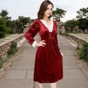 Red Large Women's Velvet Dress with Lace Trim and Button Detail