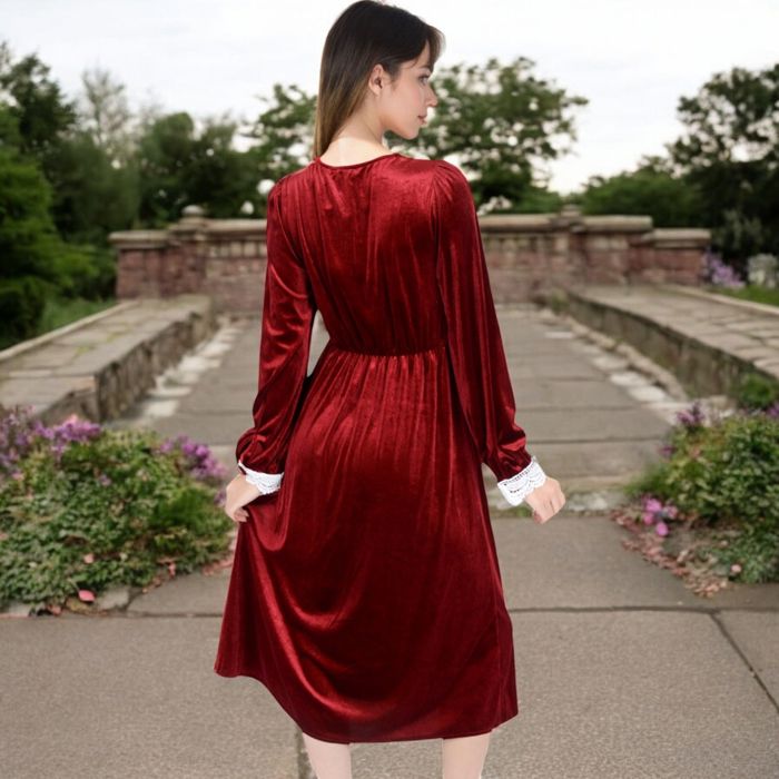 Women's Velvet Dress with Lace Trim and Button Detail