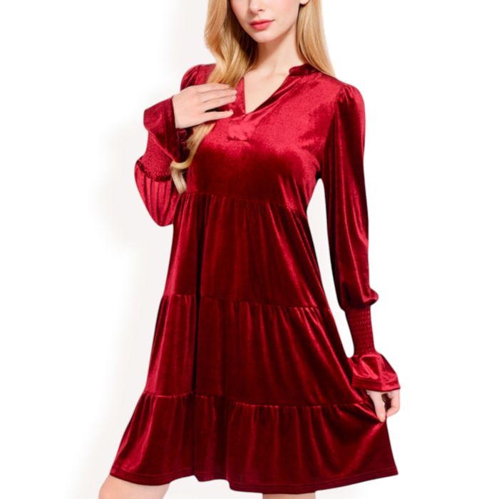 Women's Tiered A-Line Dress with Long Sleeves and Smocked Cuffs