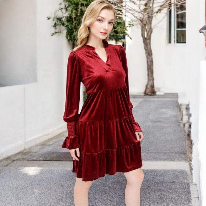 Women's Tiered A-Line Dress with Long Sleeves and Smocked Cuffs