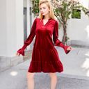Red Medium Women's Tiered A-Line Dress with Long Sleeves and Smocked Cuffs