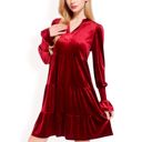 Red XL Women's Tiered A-Line Dress with Long Sleeves and Smocked Cuffs
