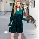 Green Large Tiered A-Line Dress with Long Sleeves and Smocked Cuffs