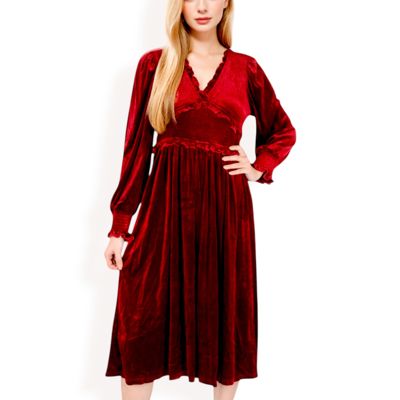 Women's Velvet Dress with Smocked Bodice and Ruffled V-Neck