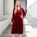 Red Large Women's Velvet Dress with Smocked Bodice and Ruffled V-Neck