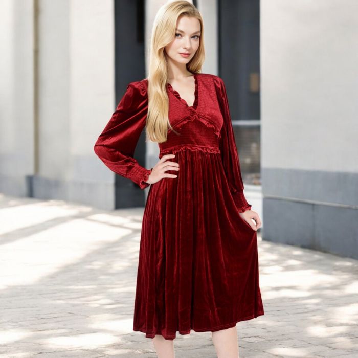 Women's Velvet Dress with Smocked Bodice and Ruffled V-Neck