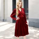 Red Large Women's Velvet Dress with Smocked Bodice and Ruffled V-Neck