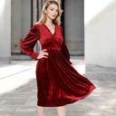 Red Large Women's Velvet Dress with Smocked Bodice and Ruffled V-Neck