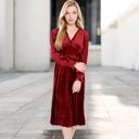 Red Large Women's Velvet Dress with Smocked Bodice and Ruffled V-Neck