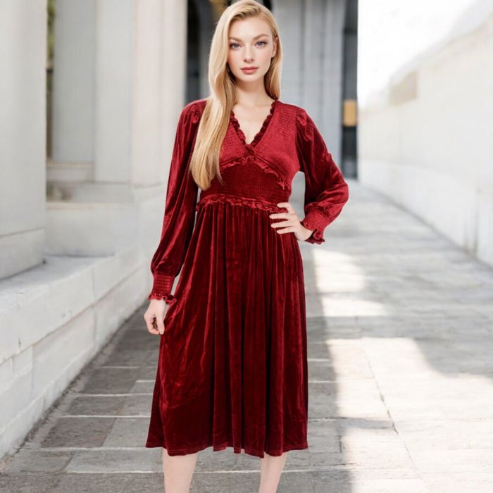 Women's Velvet Dress with Smocked Bodice and Ruffled V-Neck