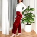 Red Large Women's High Waist Wide Leg Velvet Pants with Soft Textured Finish