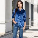 Blue Large Women's Velvet Button-Down Shirt with Chest Pocket