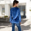 Blue Large Women's Velvet Button-Down Shirt with Chest Pocket