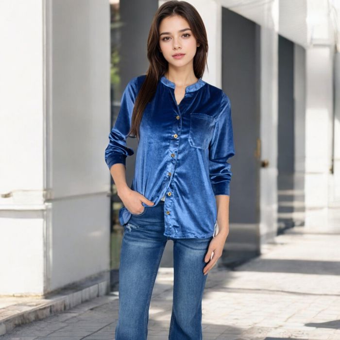 Women's Velvet Button-Down Shirt with Chest Pocket