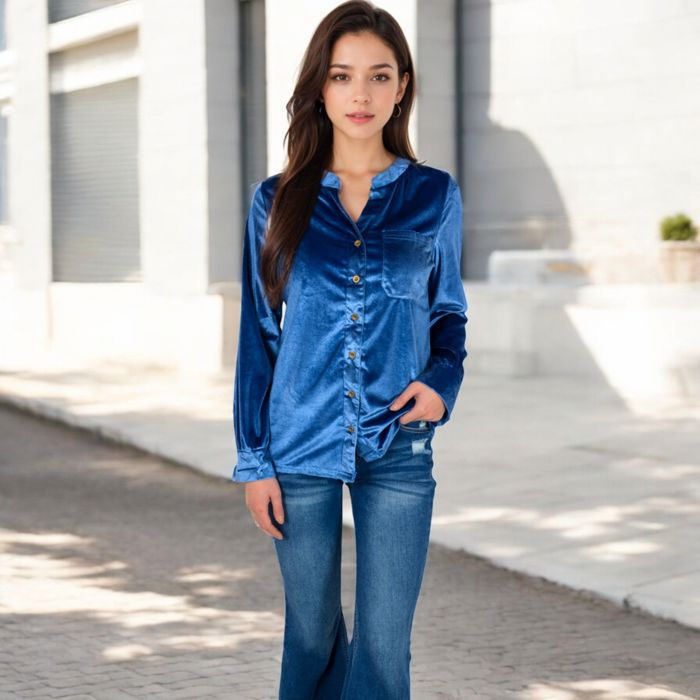 Women's Velvet Button-Down Shirt with Chest Pocket