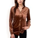 Brown Large Women's Velvet Button-Down Shirt with Chest Pocket