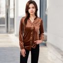 Brown Large Women's Velvet Button-Down Shirt with Chest Pocket