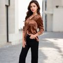 Brown Large Women's Velvet Button-Down Shirt with Chest Pocket