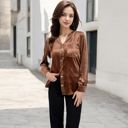 Brown Large Women's Velvet Button-Down Shirt with Chest Pocket