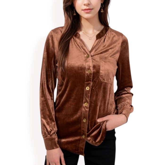 Women's Velvet Button-Down Shirt with Chest Pocket