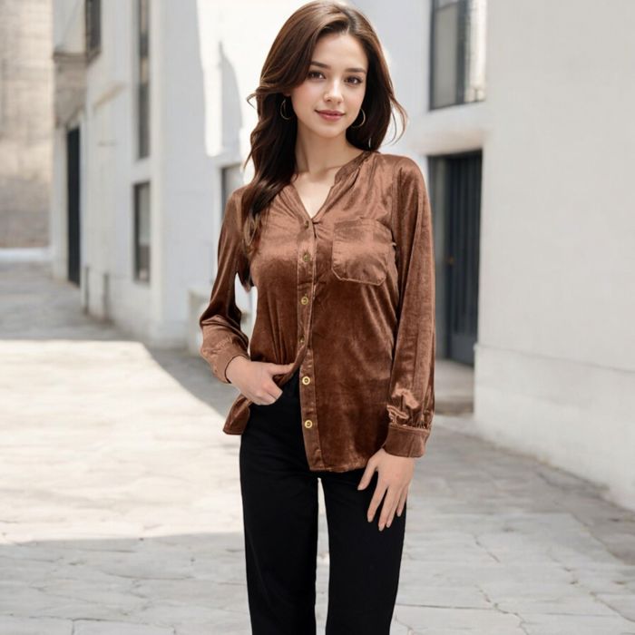 Women's Velvet Button-Down Shirt with Chest Pocket