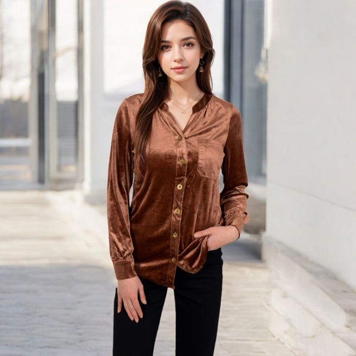 Women's Velvet Button-Down Shirt with Chest Pocket