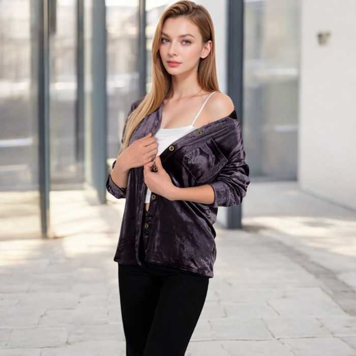 Women's Velvet Button-Down Shirt with Chest Pocket