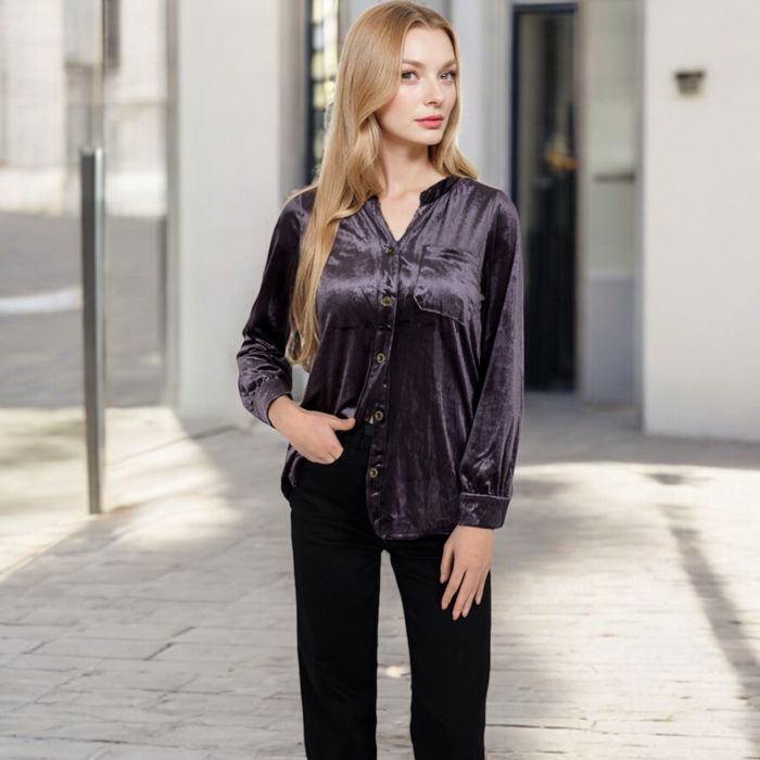 Women's Velvet Button-Down Shirt with Chest Pocket