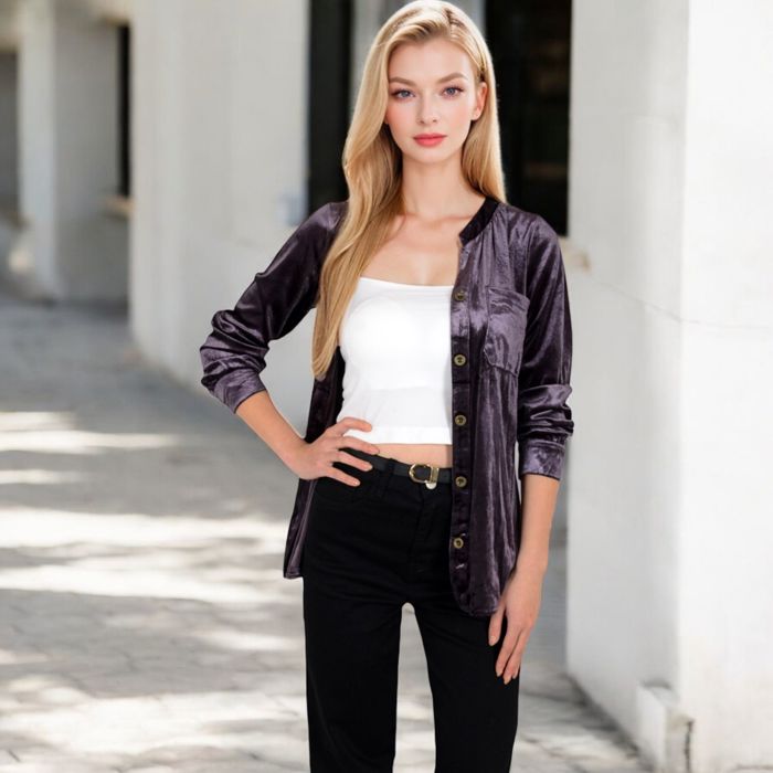 Women's Velvet Button-Down Shirt with Chest Pocket