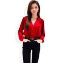 Red Large Women's Velvet Blouse with V-Neck and Button Detail