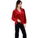 Red Large Women's Velvet Blouse with V-Neck and Button Detail