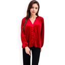 Red Large Women's Velvet Blouse with V-Neck and Button Detail