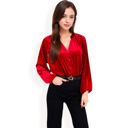 Red Large Women's Velvet Blouse with V-Neck and Button Detail