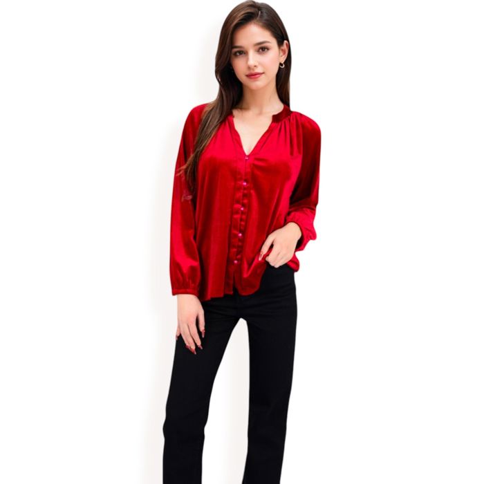 Women's Velvet Blouse with V-Neck and Button Detail