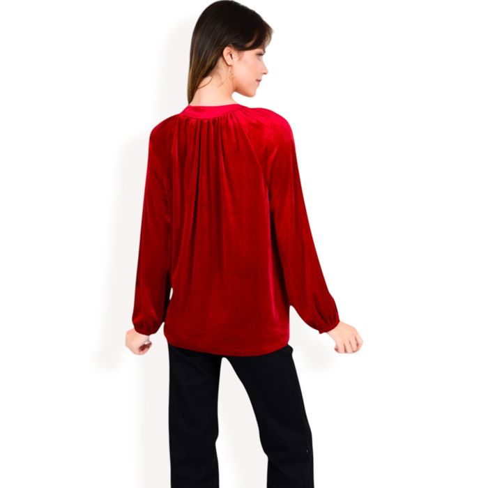 Women's Velvet Blouse with V-Neck and Button Detail