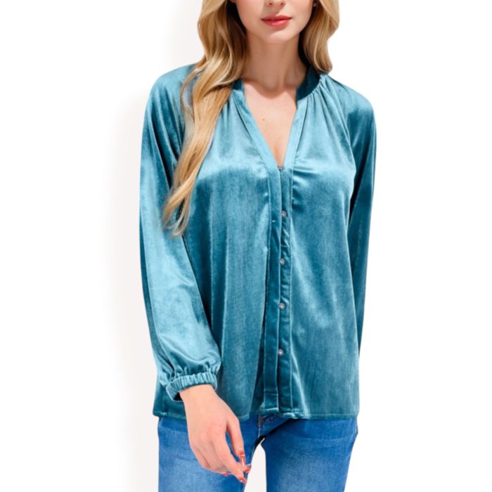 Women's Velvet Blouse with V-Neck and Button Detail