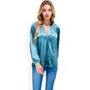 Green Large Women's Velvet Blouse with V-Neck and Button Detail