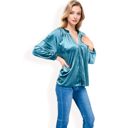 Green Large Women's Velvet Blouse with V-Neck and Button Detail