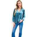 Green Large Women's Velvet Blouse with V-Neck and Button Detail